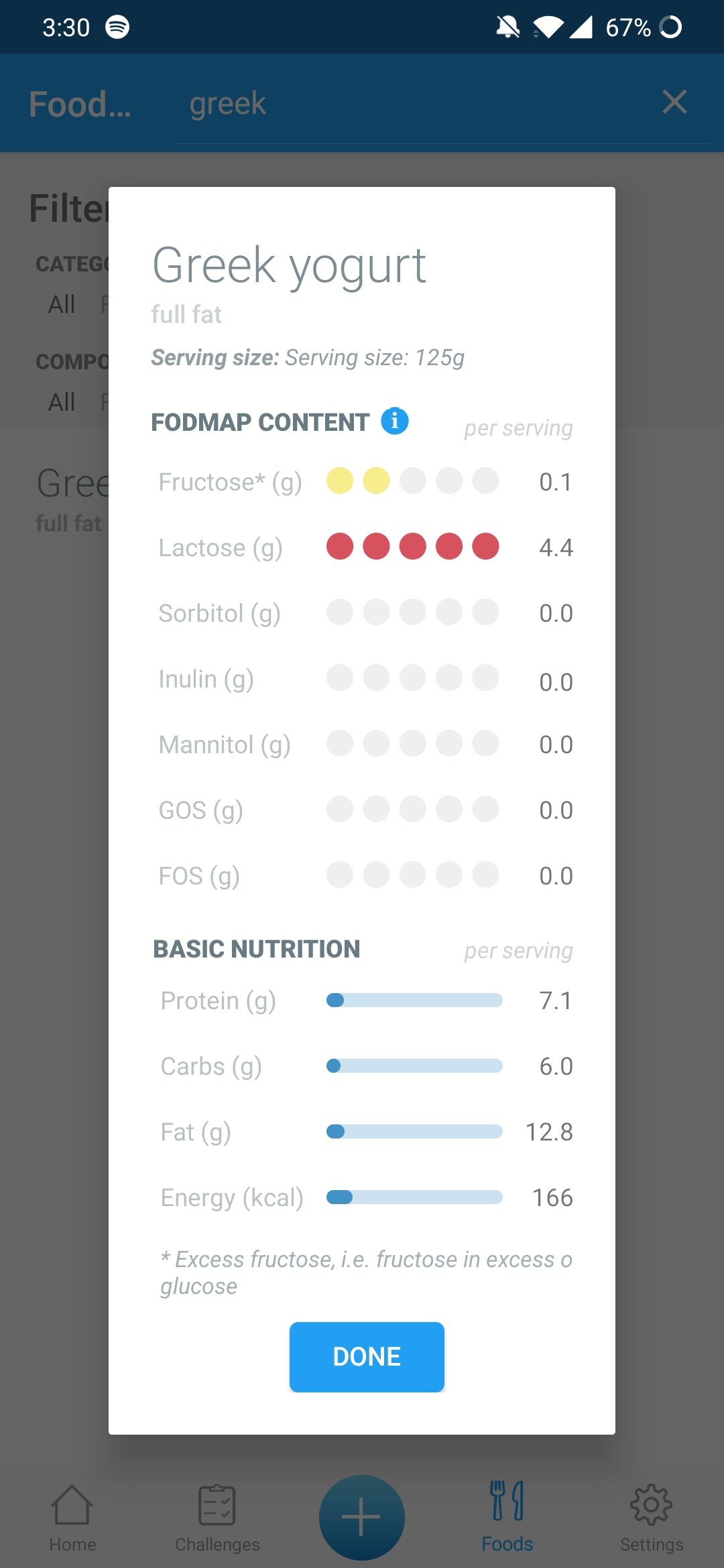 screenshot showing FODMAP content of greek yogurt on the FoodMarble app