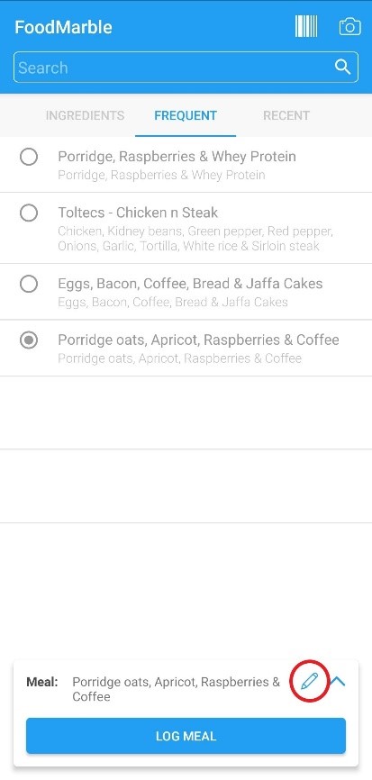 Screenshot of meal logging feature on FoodMarble app