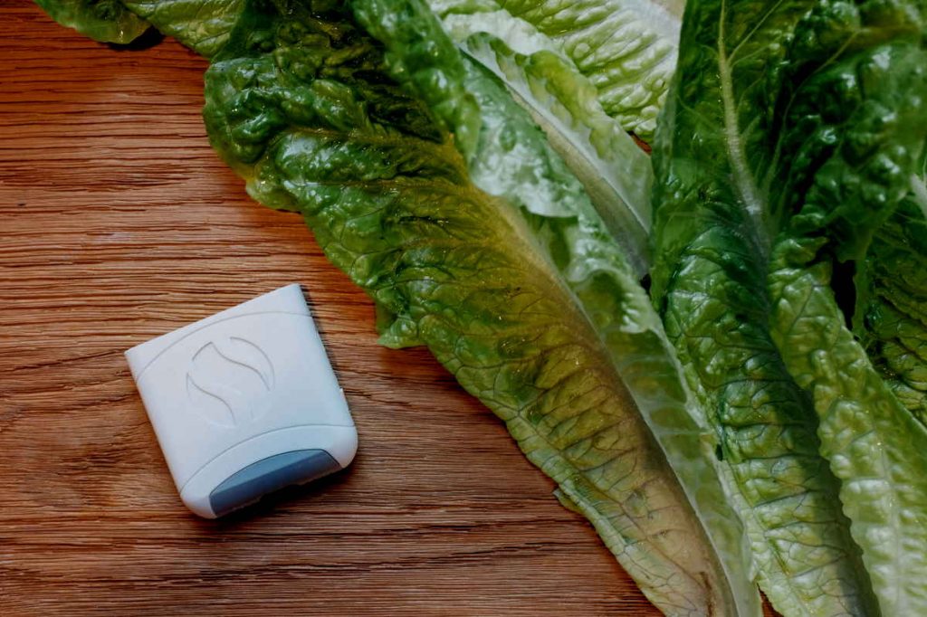 White AIRE device beside lettuce
