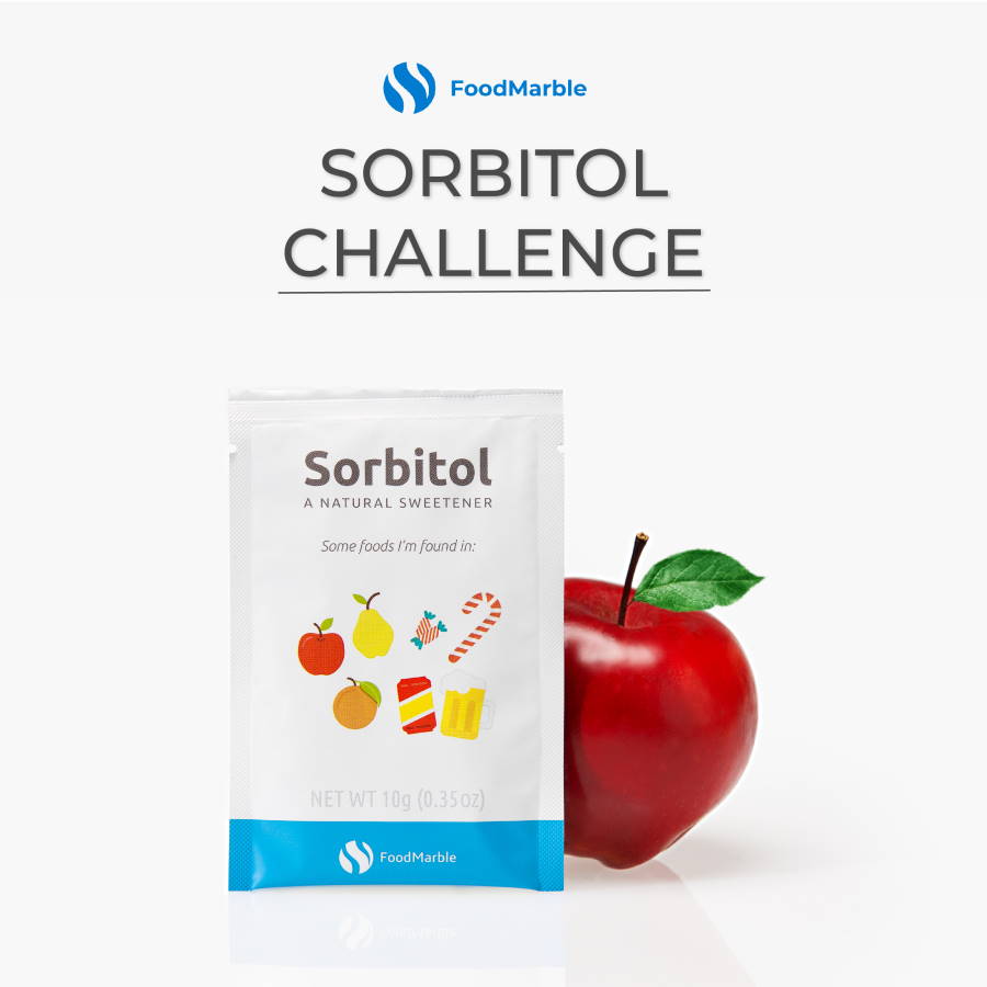 FoodMarble Sorbitol sachet with red apple on white background
