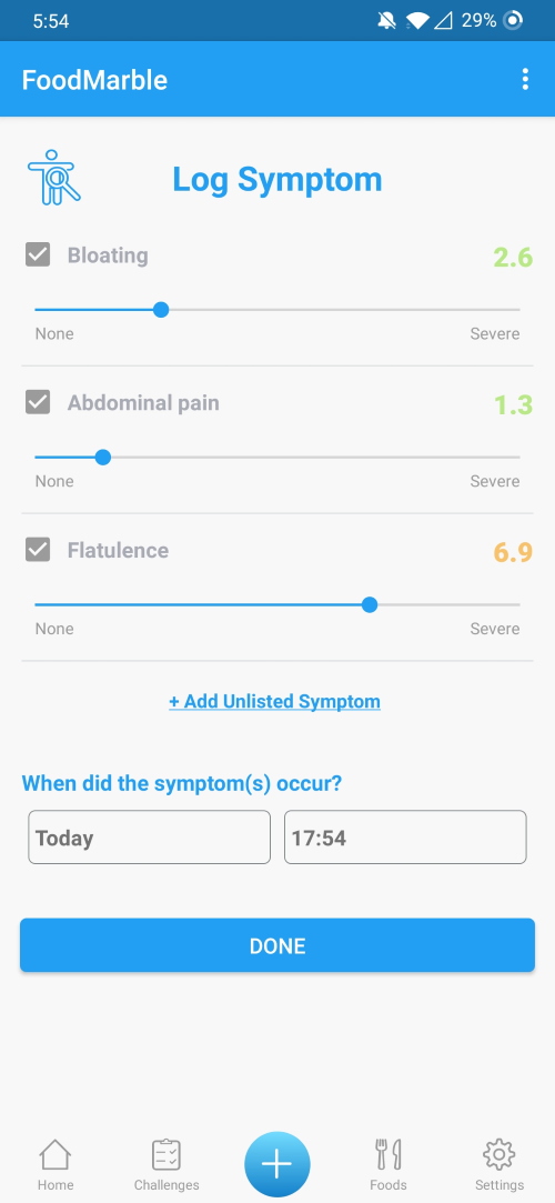Screenshot of Symptom Logging Screen