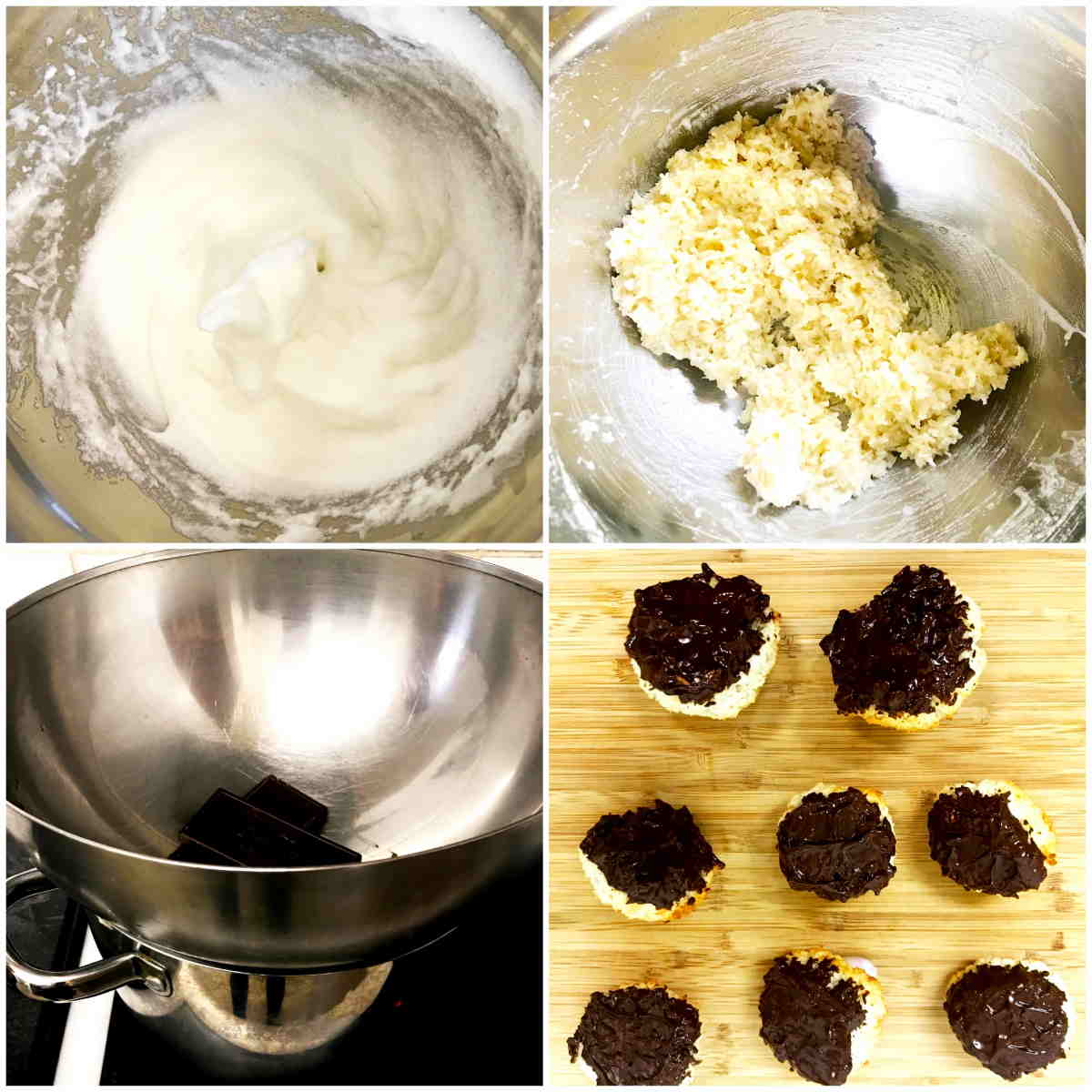 Collage showing whipped egg whites, macaroon mixture in mixing bowl, bain marie set up to melt chocolate and finished macroons dipped in dark chocolate