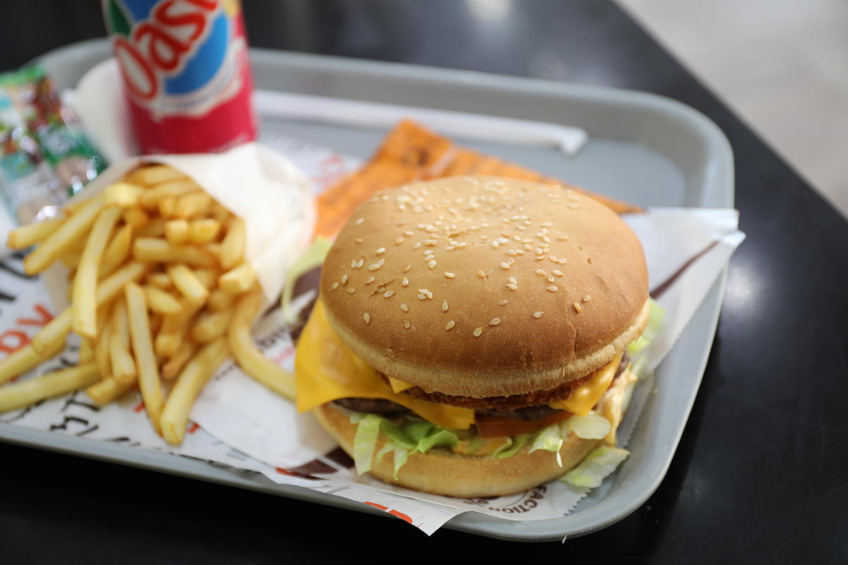 burger and chips on fast food tray