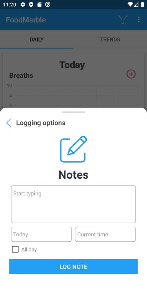 Screenshot of new note logging screen on FoodMarble AIRE app