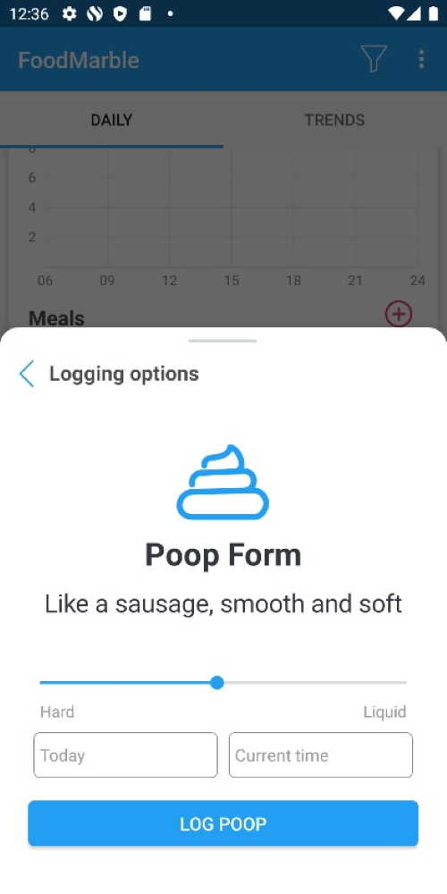 Screenshot of new poop logging screen on FoodMarble AIRE app
