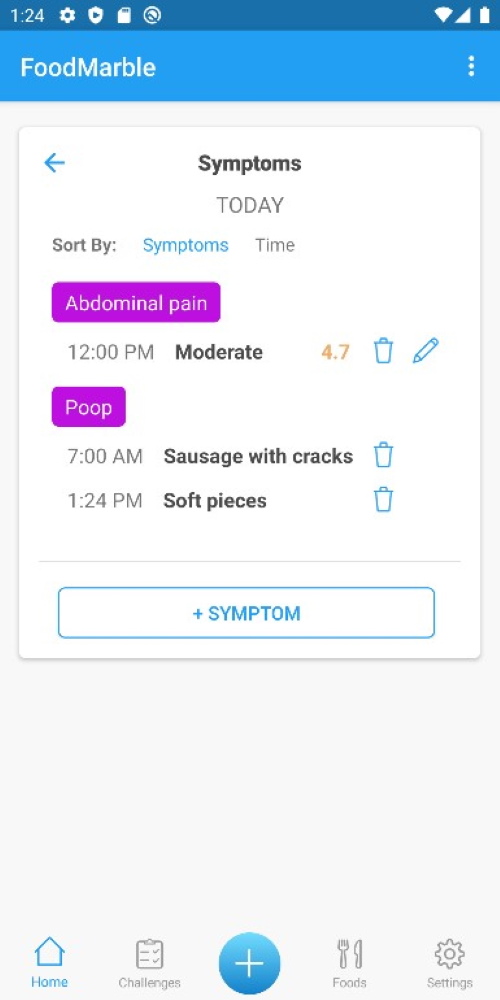 Screenshot showing symptoms and poop logs in FoodMarble AIRE app