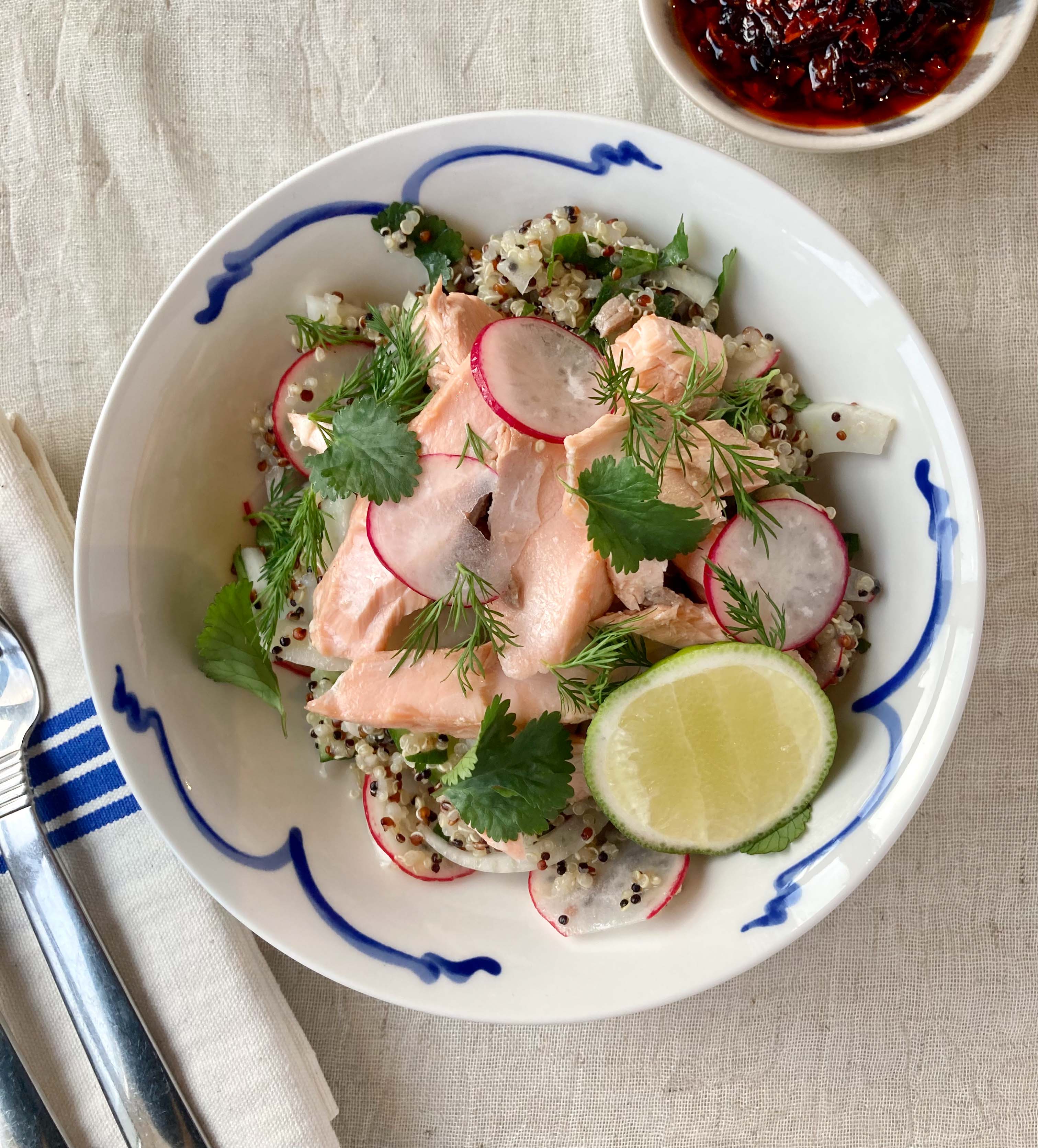 Slow-roasted sesame salmon with lime & ginger quinoa salad
